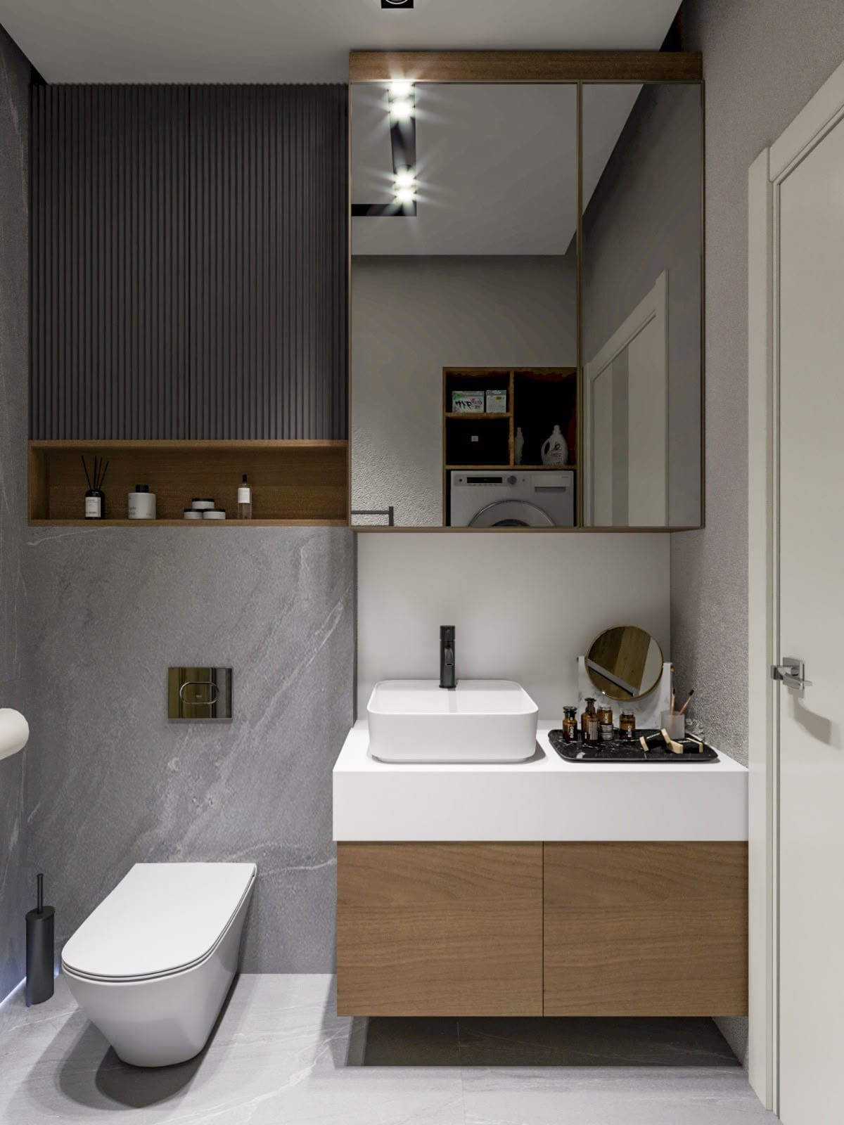 Mermer görünümlü karolu ve lavabolu banyo