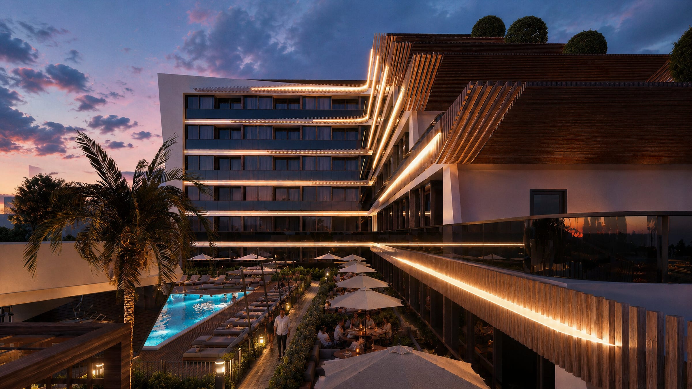 Uplevel Ortaköy projesinin gün batımında kademeli teraslı cephesi
