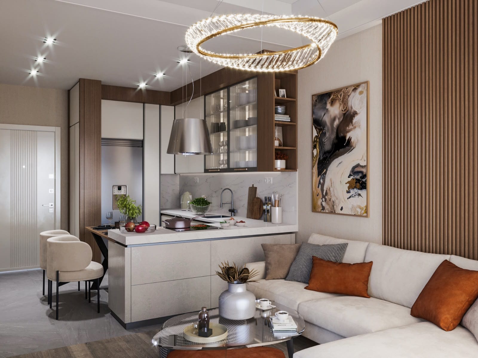 Açık planlı salon ve mutfak, koltuk ve yemek alanı