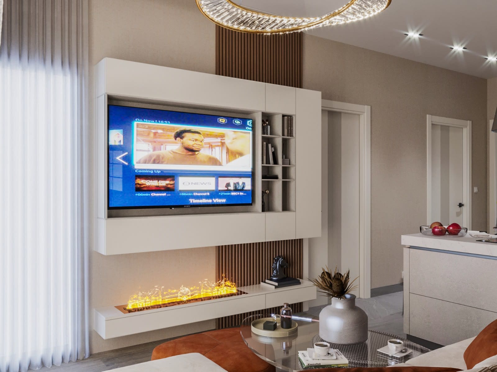 Televizyon duvarlı ve şömineli salon
